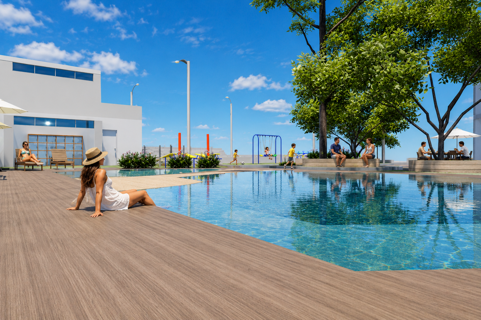 Terraza y piscina del club house en Asia