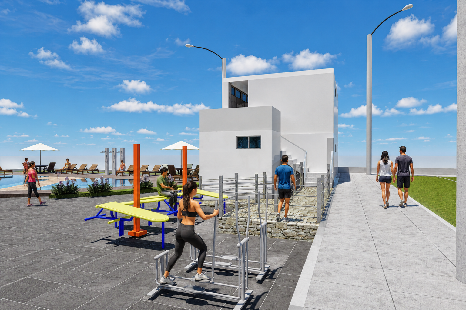 Gimnasio exterior del club house en Asia